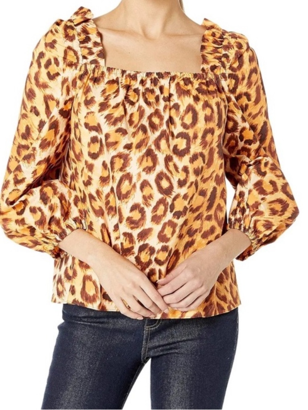 kate spade Leopard Print Square Neck Puff Sleeve Top - Golden, Black